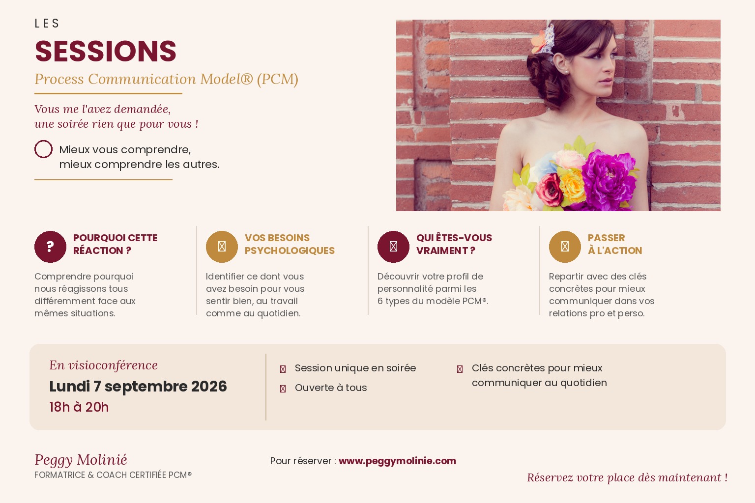 Affiche : Les Sessions Process Communication Model (PCM) — visioconférence lundi 28 septembre 2026, animée par Peggy Molinié